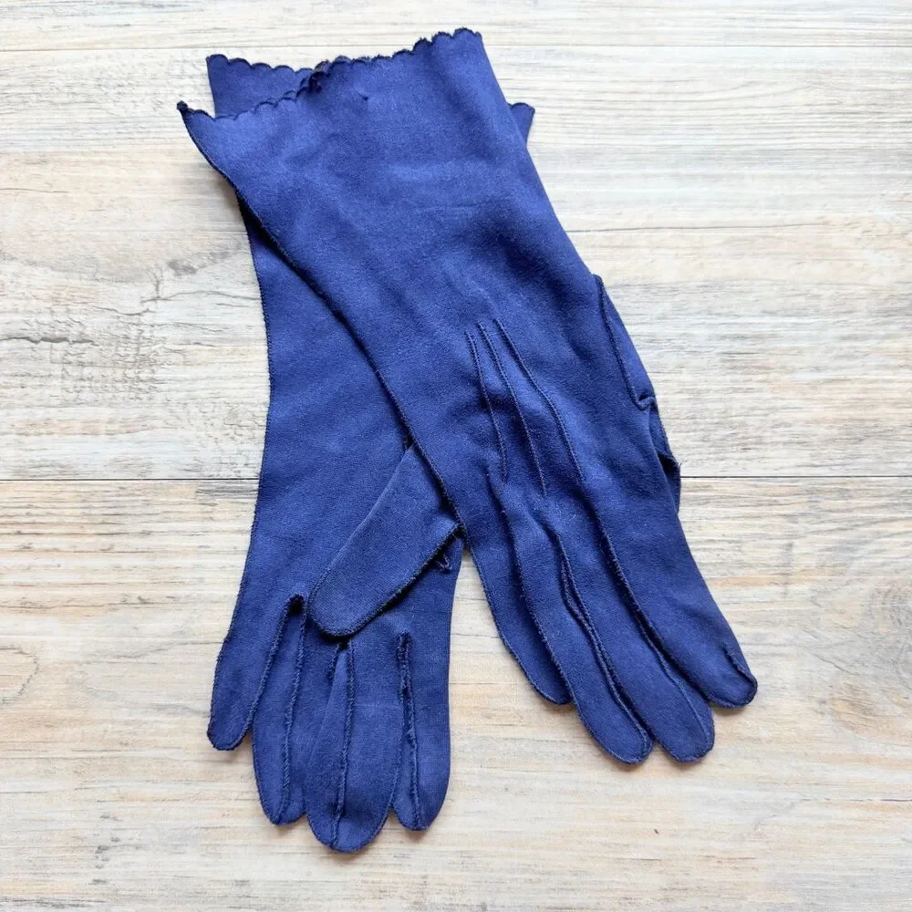Vintage Navy Blue Gloves Long Dress Formal Opera Evening Stretch Scalloped